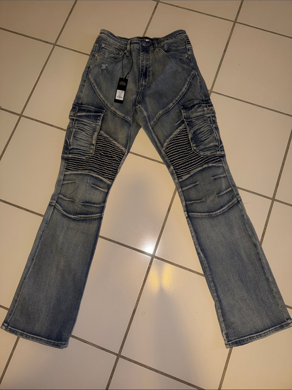 Fashion Nova Women's Light Blue Boot Cut Biker Cargo Jeans